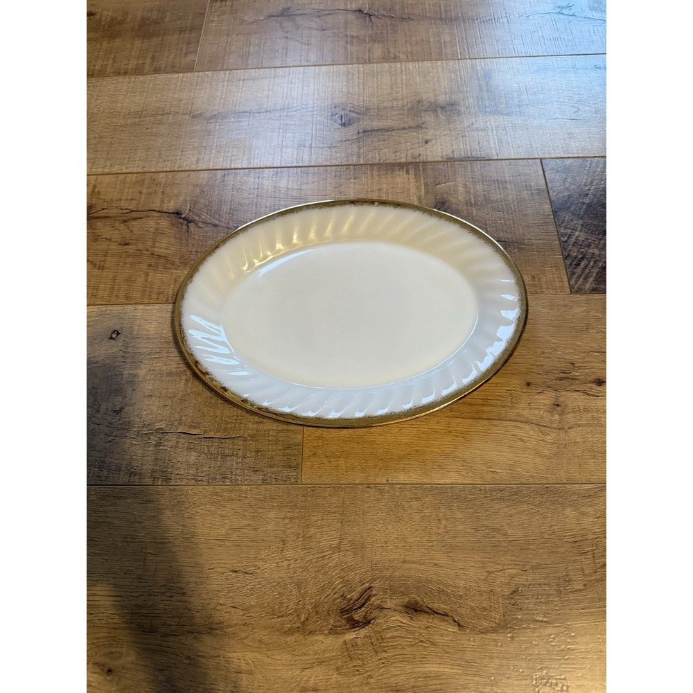 Vintage Anchor Hocking Fire King Milk Glass Gold Rim Swirl Oval Platter 12x9